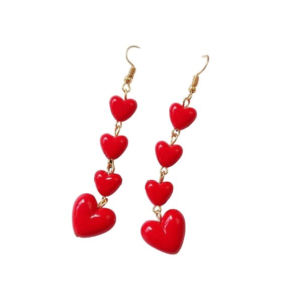 NEW!! BEAUTIFUL RED HEART TASSEL DROP DANGLING EARRINGS - BOUTIQUE GIFT PRESENT - Picture 2 of 9